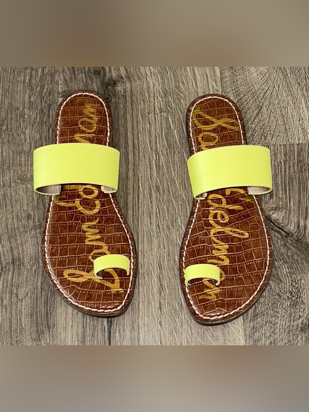 Sam Edelman Neon Yellow Leather Slide Sandals with Toe Loop